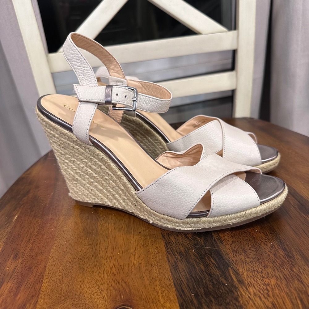 Cole Haan Espadrille Wedge Sandals Womens 9.5B Off White Leather Ankle Strap